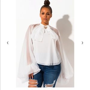 Pussybow blouse, flowy sleeves, rhinestone/pearl